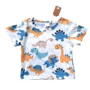 Shirt korte mouw dino print blauw/geel maat 74/80