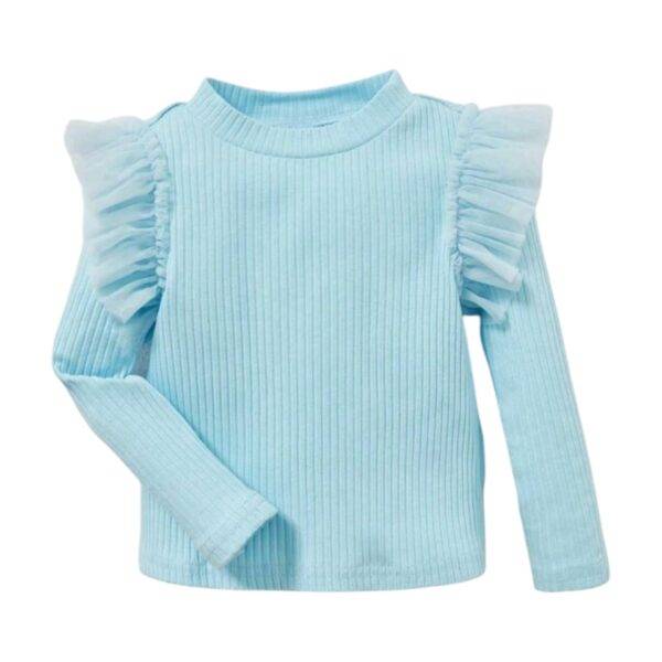 Blauw shirt met tule ruches maat 74/80