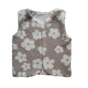 Giletje bloemen teddy donker beige – gevoerd – maat 86/92