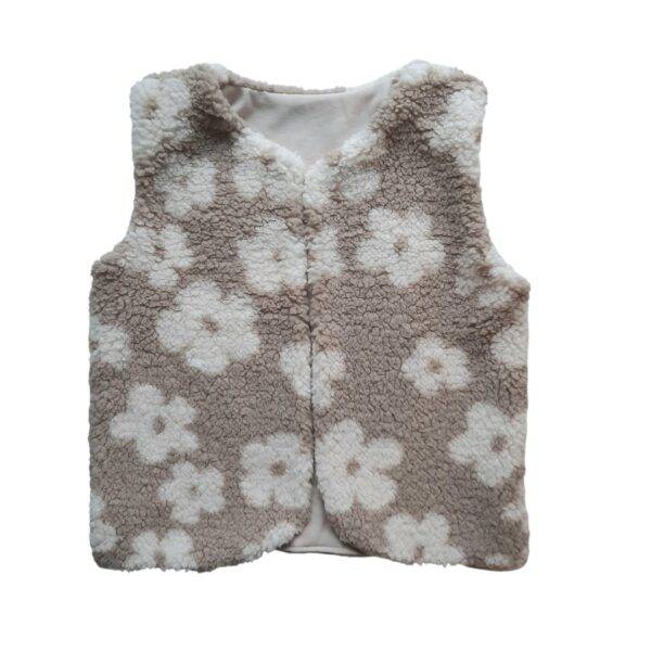 Giletje bloemen teddy donker beige – gevoerd – maat 86/92