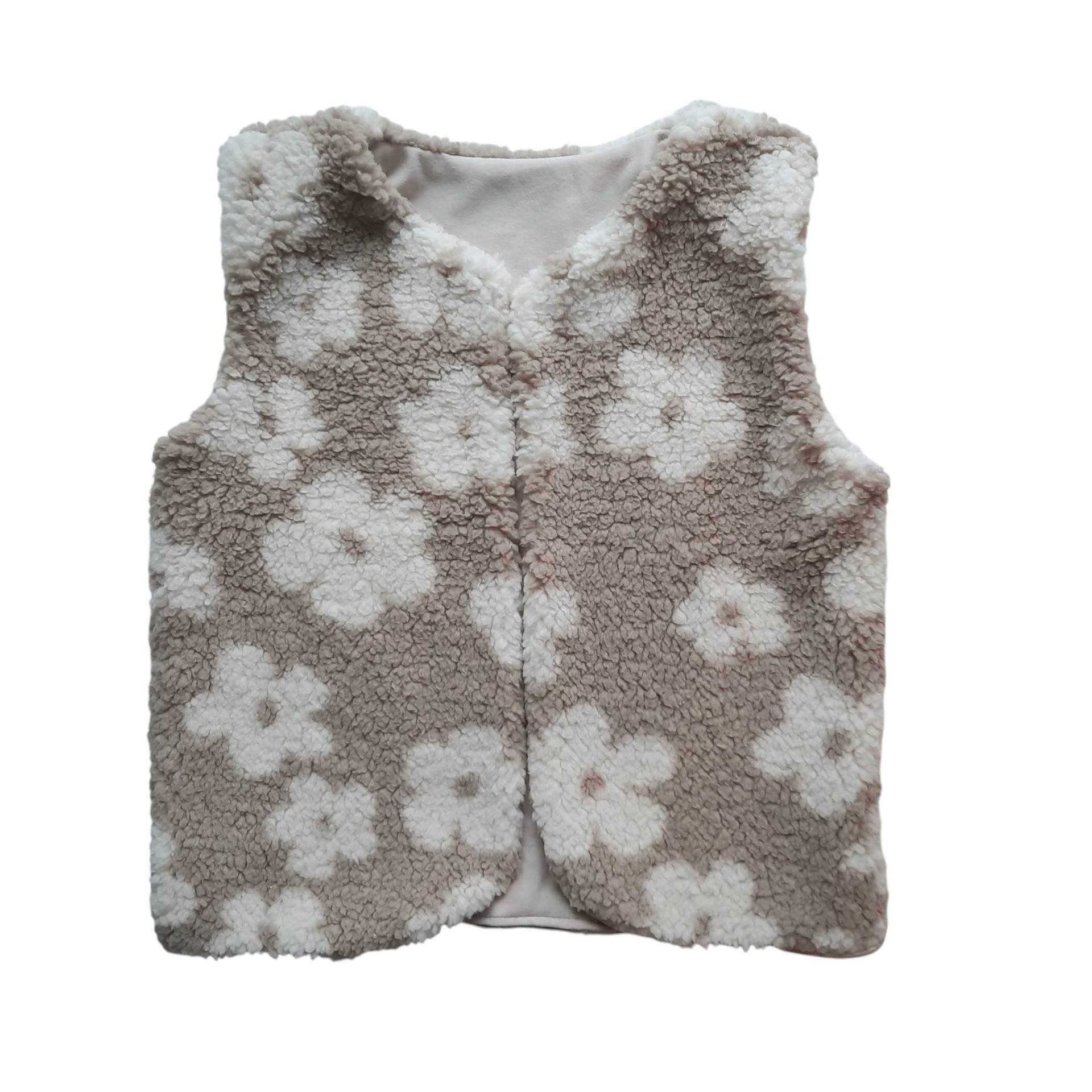 Giletje bloemen teddy donker beige – gevoerd – maat 86/92