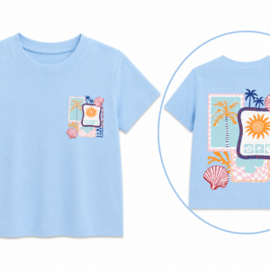 Blauw shirt palmboom en schelpen – maat 98/104